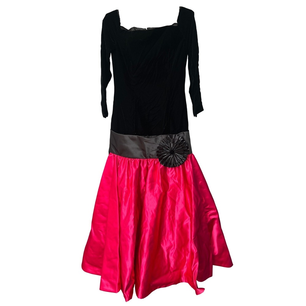 Vintage Victor Costa Party Dress Hot Pink Satin and Velvet Drop Waist Gown